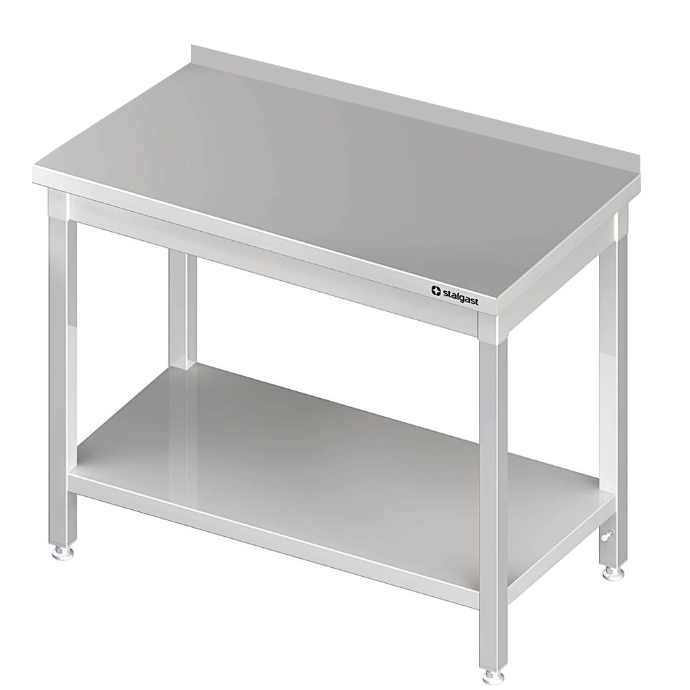 Tavolo in acciaio inox 90×60×85 cm, con ripiano, con alzatina Tavolo in acciaio inox 90×60×85 cm, con ripiano, con alzatina