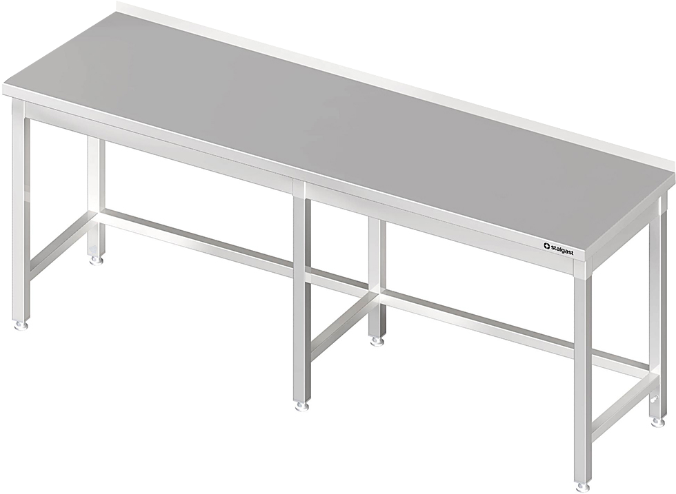 Tavolo in acciaio inox 280×60×85 cm, senza ripiano, con alzatina