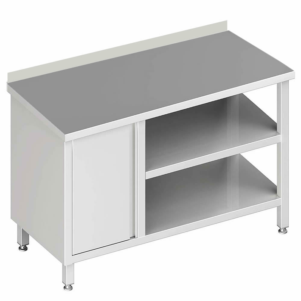 Tavolo con 2 ripiani, 90x60x85cm, con armadio a battente a sinistra, con alzatina Tavolo con 2 ripiani, 90x60x85cm, con armadio a battente a sinistra, con alzatina