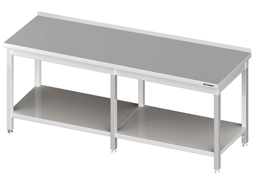 Tavolo in acciaio inox 280×70×85 cm, con ripiano, con alzatina