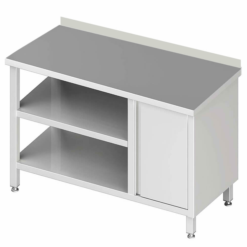 Tavolo con 2 ripiani, 90x60x85cm, con armadio a battente a destra, con alzatina