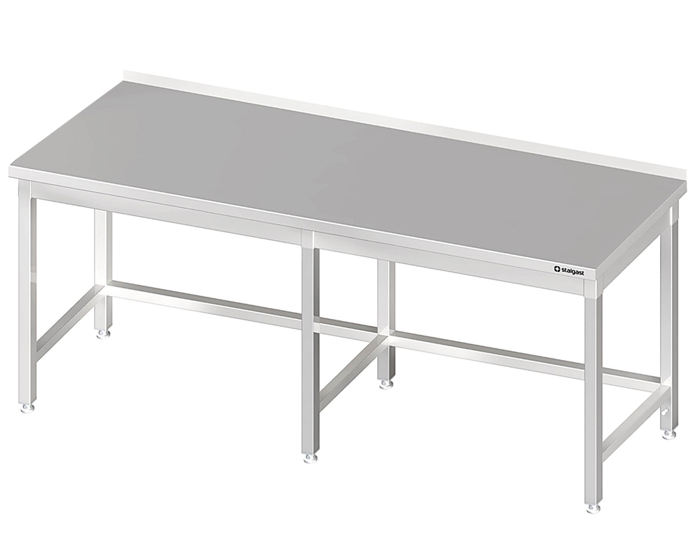 Tavolo in acciaio inox 280×70×85 cm, senza ripiano, con alzatina Tavolo in acciaio inox 280×70×85 cm, senza ripiano, con alzatina