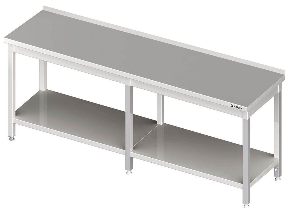 Tavolo in acciaio inox 280×60×85 cm, con ripiano, con alzatina