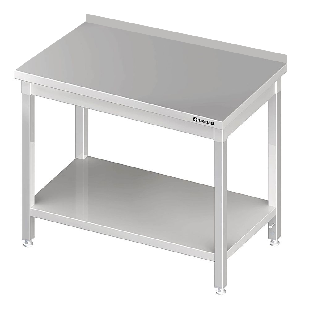 Tavolo in acciaio inox 90×70×85 cm, con ripiano, con alzatina Tavolo in acciaio inox 90×70×85 cm, con ripiano, con alzatina