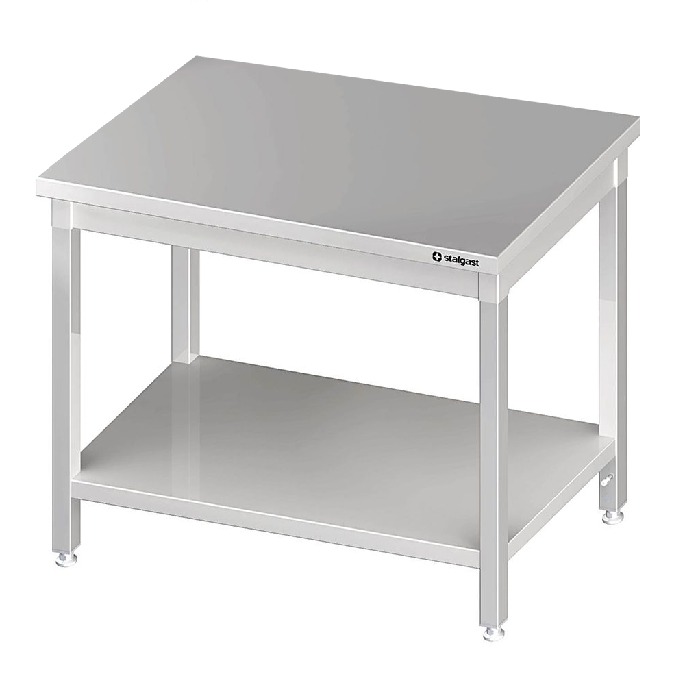 Tavolo in acciaio inox 90×70×85 cm, con ripiano, senza alzatina Tavolo in acciaio inox 90×70×85 cm, con ripiano, senza alzatina